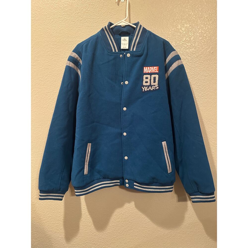 NWOT Disney Parks Marvel 80th Year Anniversary Blue Letterman Bomber Jacket L